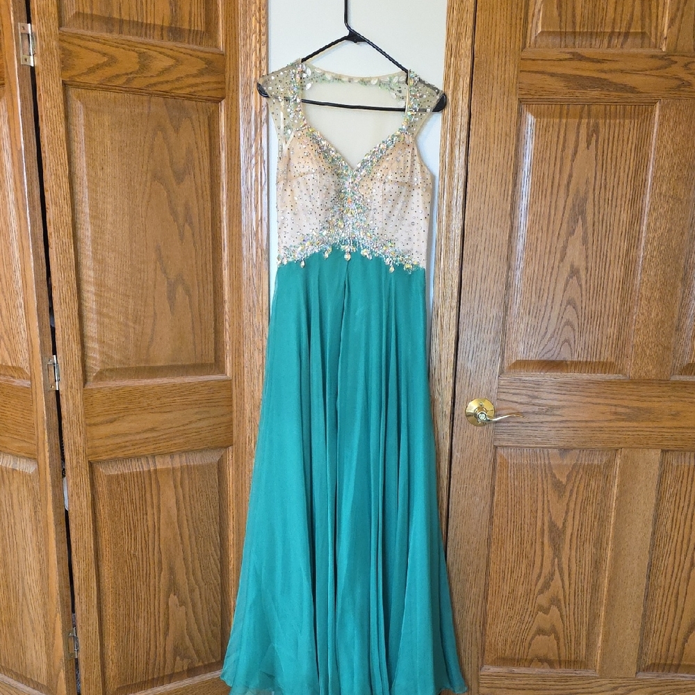 Vintage 2000's Emerald Green and Nude Beaded Prom Gown